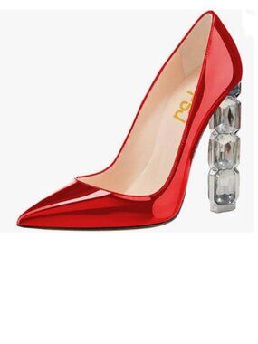 FSJ Red Jeweled High Heel Pointed Toe Slip On Sparkling Crystal Bead Heel Pump